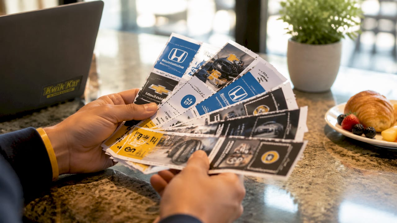 Hands holding manufacturer auto repair coupons on table