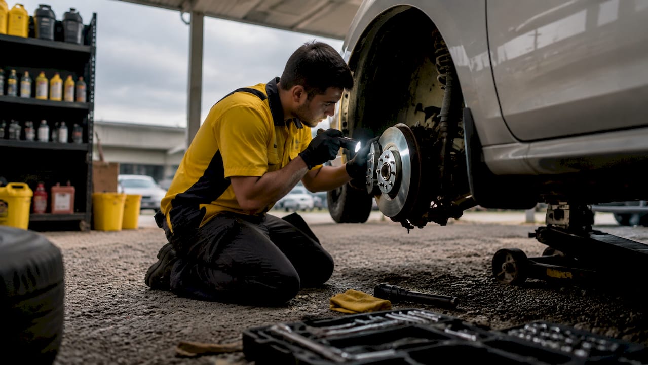 Technician inspecting car tire and brakes in workshop