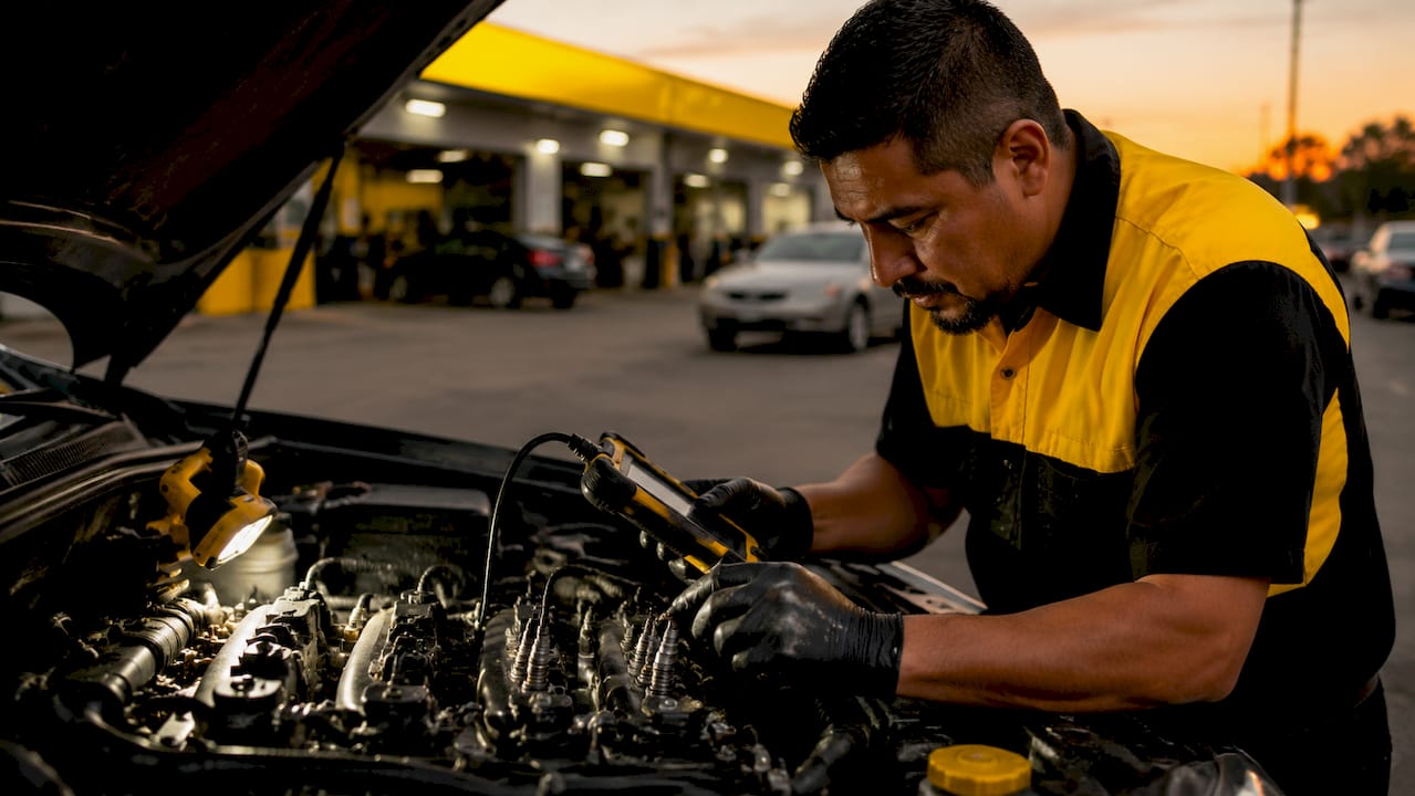 Hands inspecting engine with diagnostic scanner