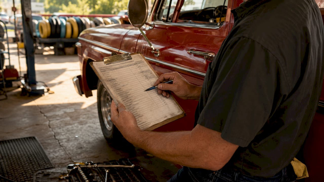 Technician holding vehicle inspection checklist