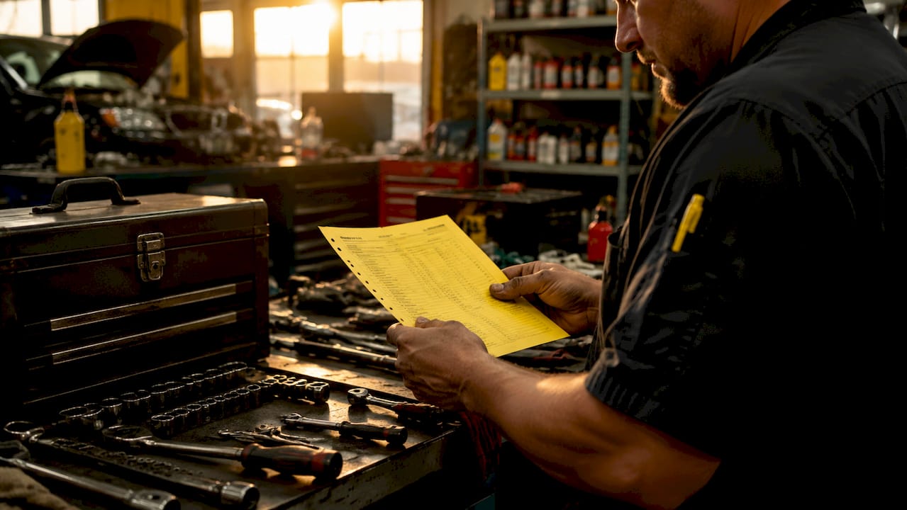 Mechanic reviewing itemized car parts list on paper
