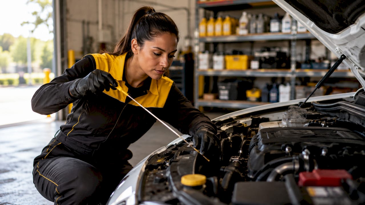 Hands opening hood of car in service garage