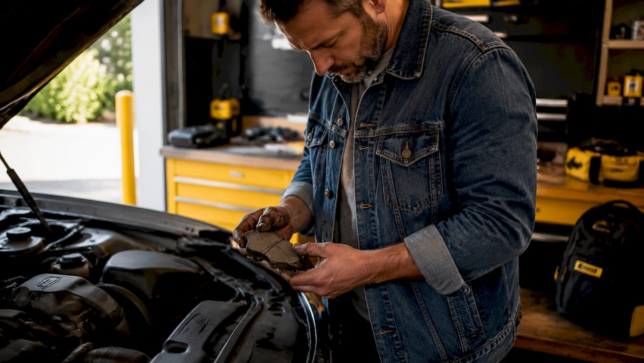 Hands holding faulty car part in garage