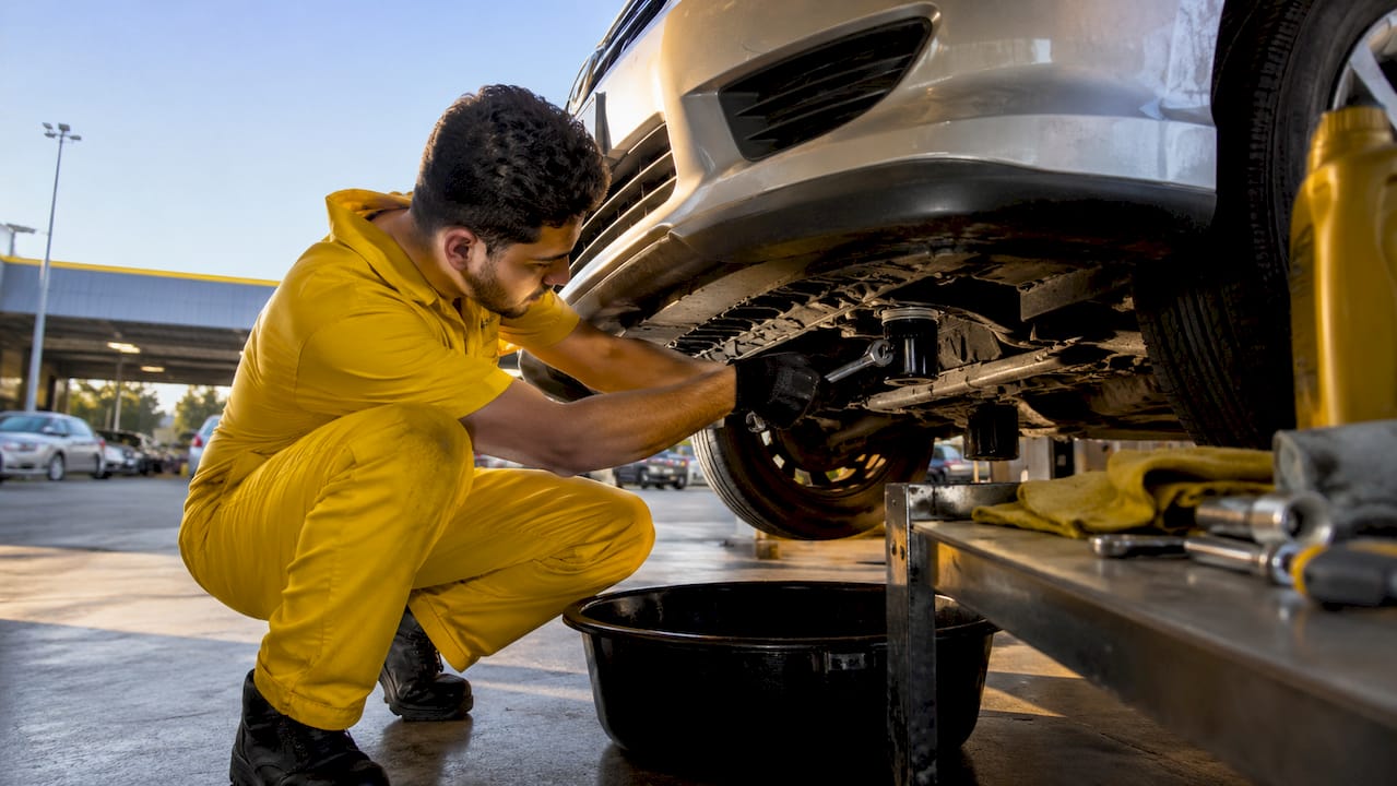 Hands changing oil filter on car in repair bay