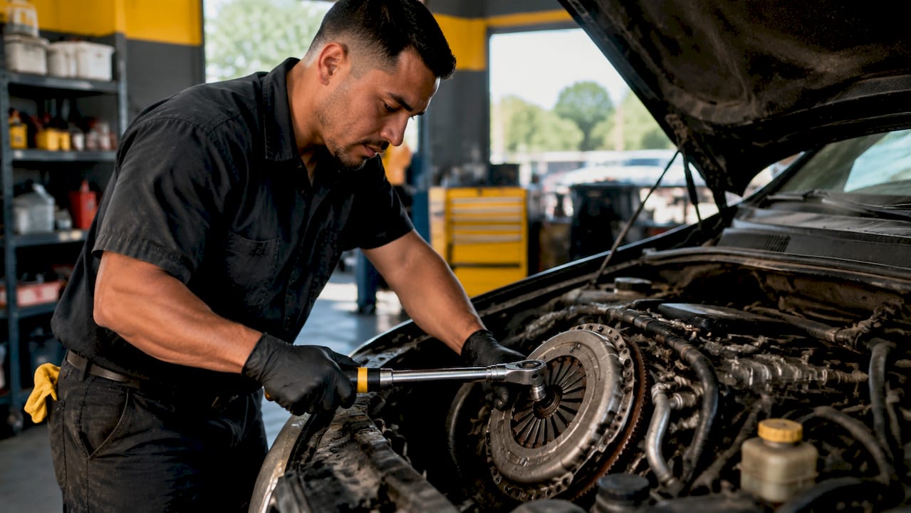 Close-up of mechanic working on car clutch