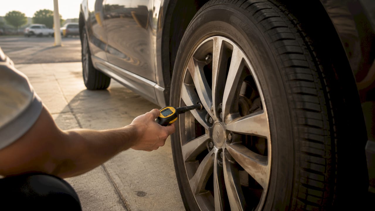 Hand measuring car tire pressure in heat