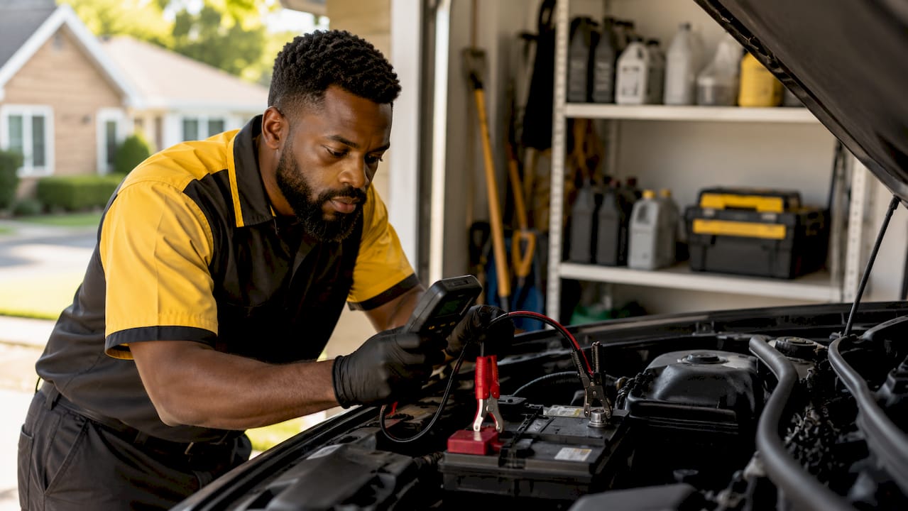 Mechanic testing car battery in service bay