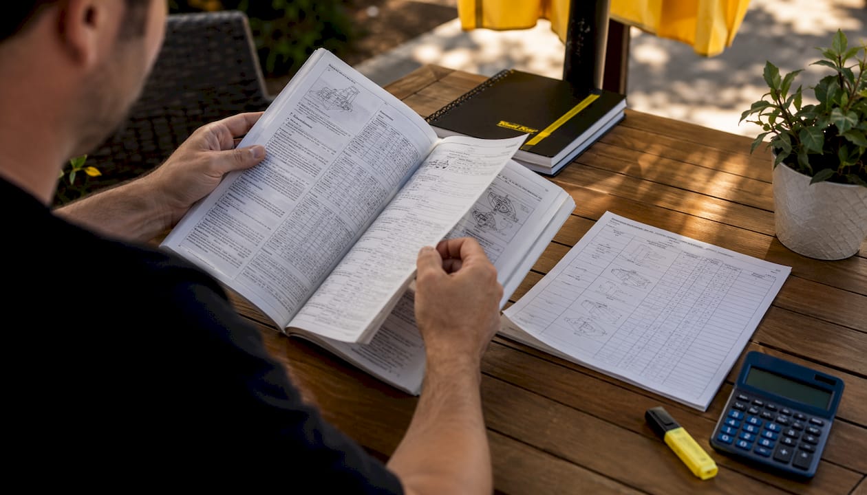 Hands reviewing auto repair labor rate manual and notes