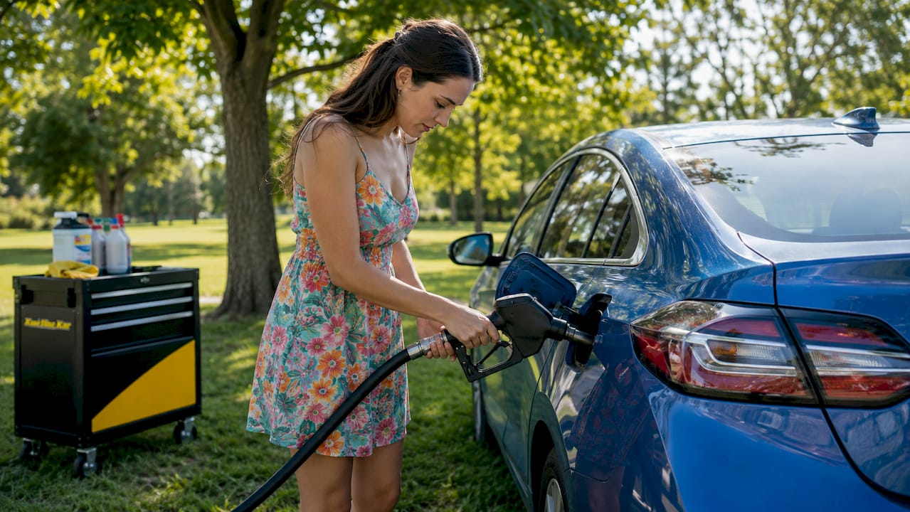 Woman fueling hybrid car at suburban driveway