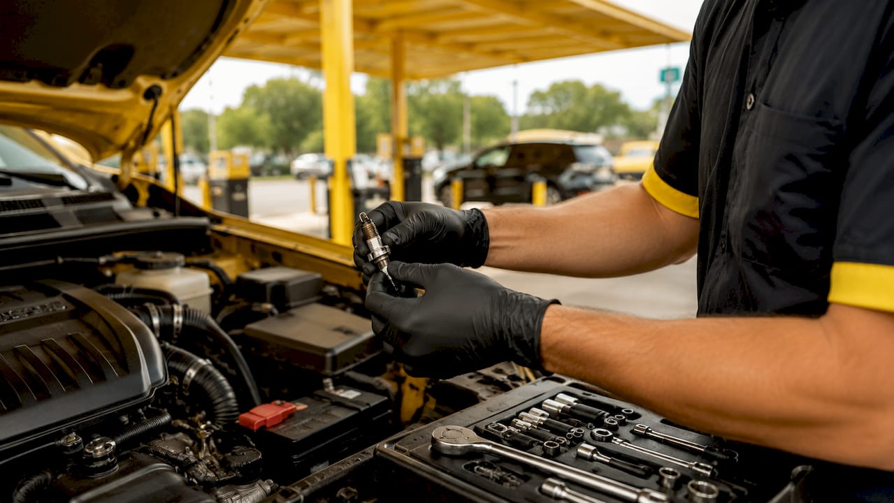 Hands replacing spark plug in car engine
