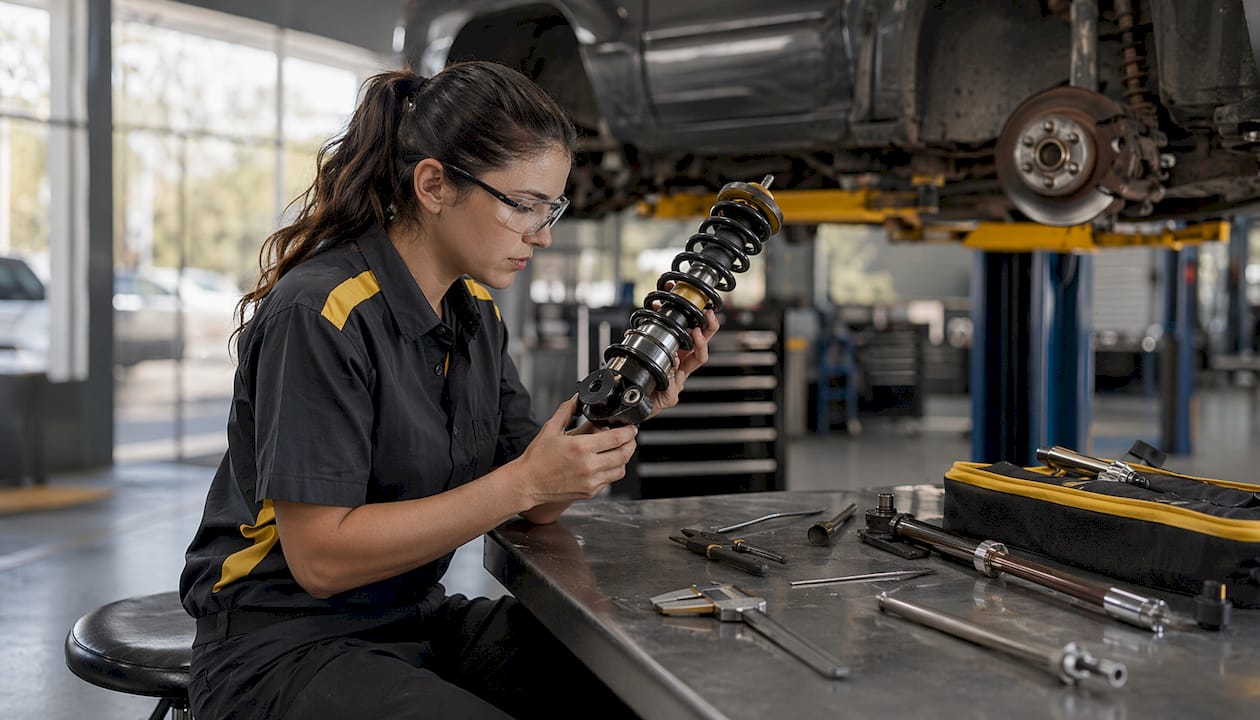 Mechanic inspecting suspension shock absorber close-up
