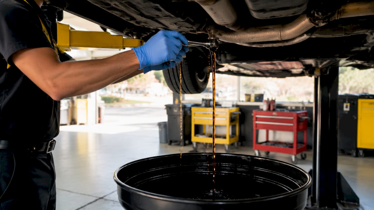 Technician draining DSG transmission fluid