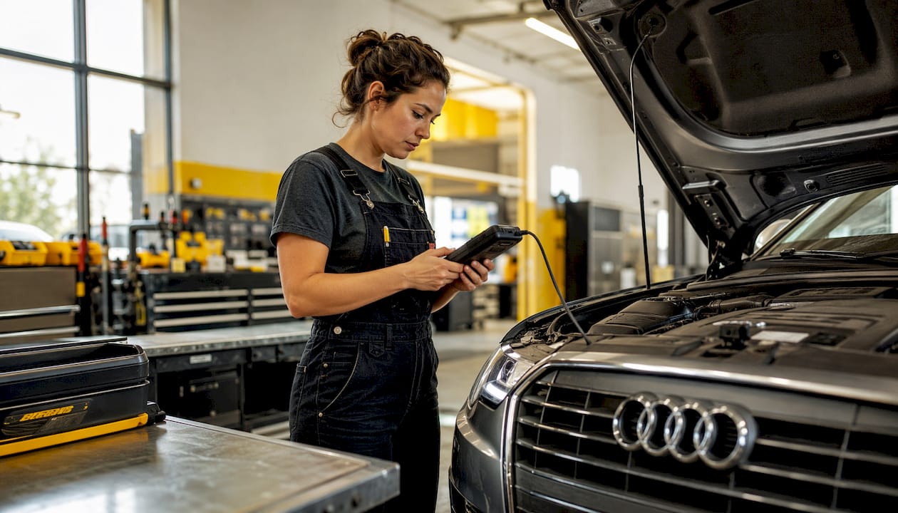 Technician running air suspension diagnostic scan