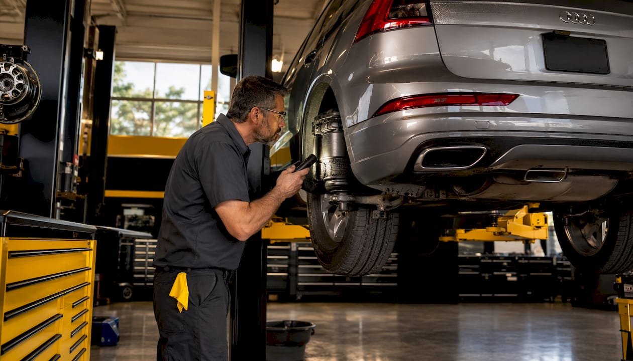Mechanic inspecting Audi air suspension in garage