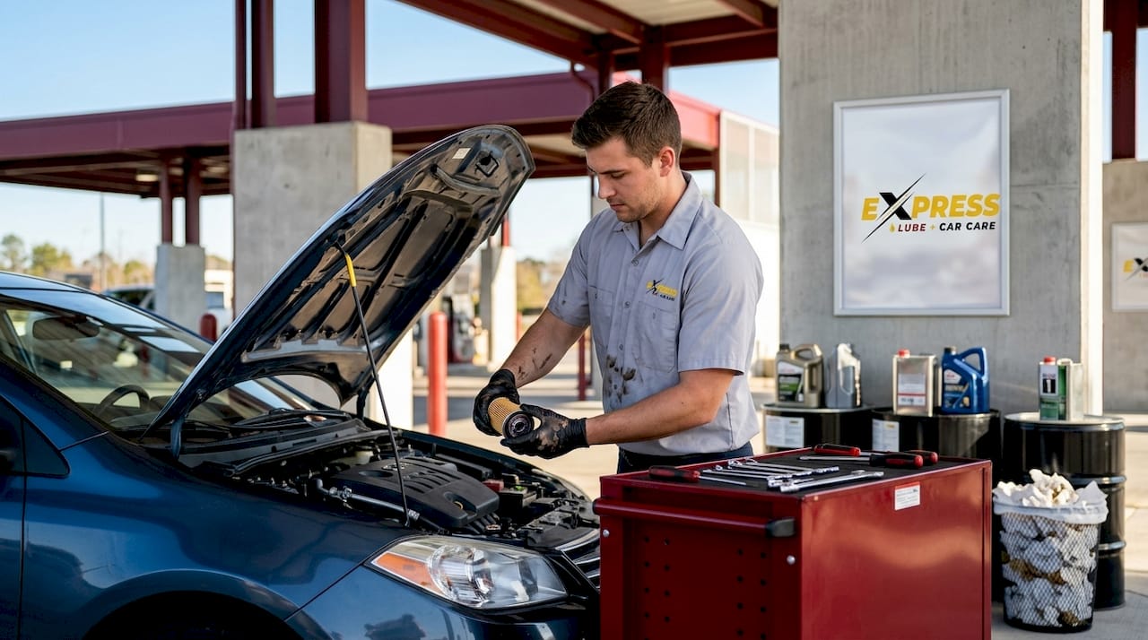 Quick lube technician performing oil change