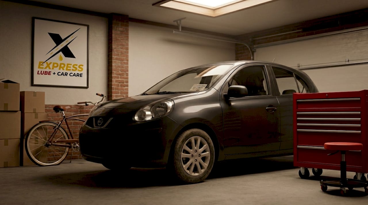 Idle car parked in residential garage