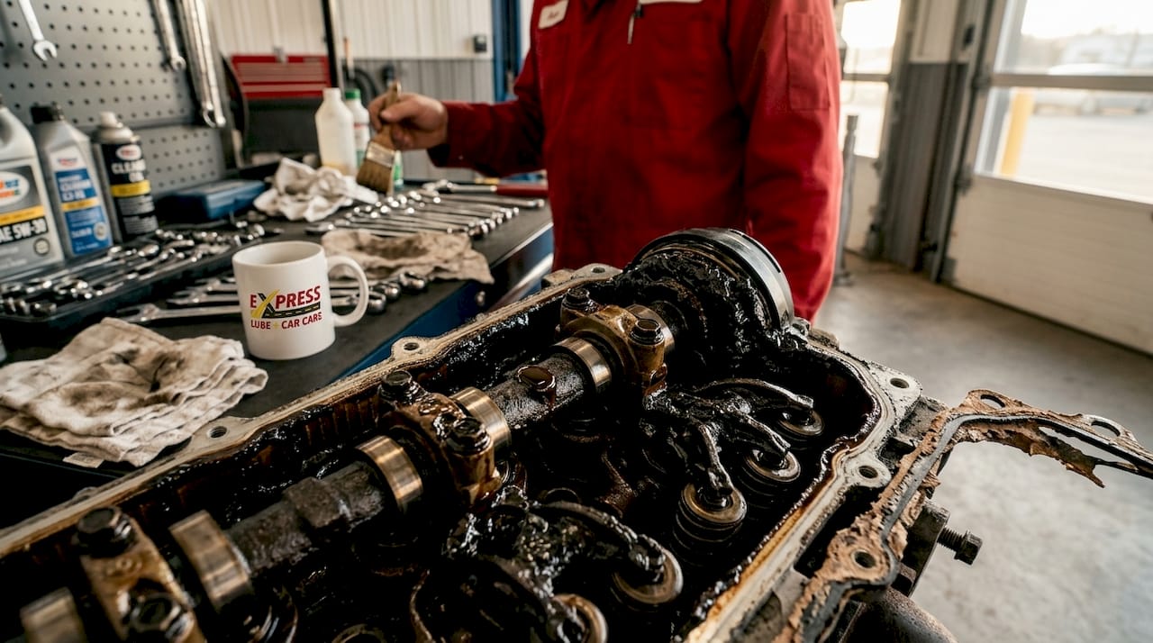 Engine components with visible oil sludge buildup