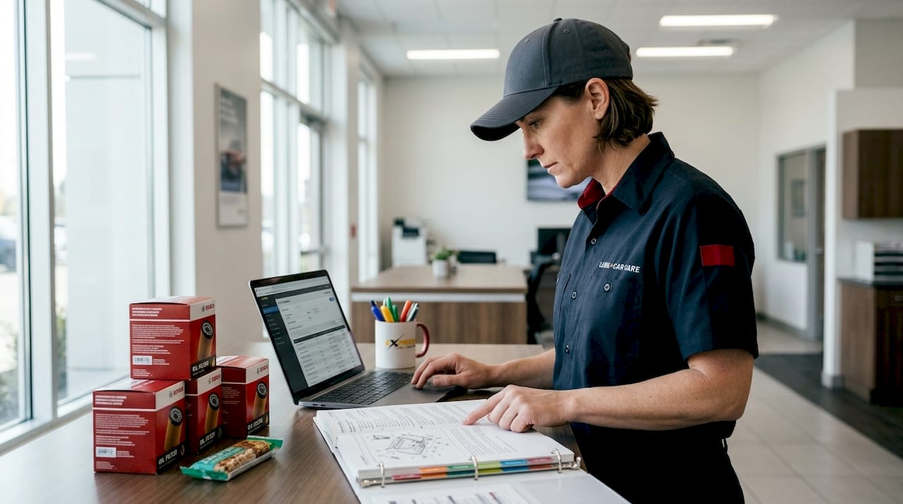 Technician cross-referencing oil filter selection at counter