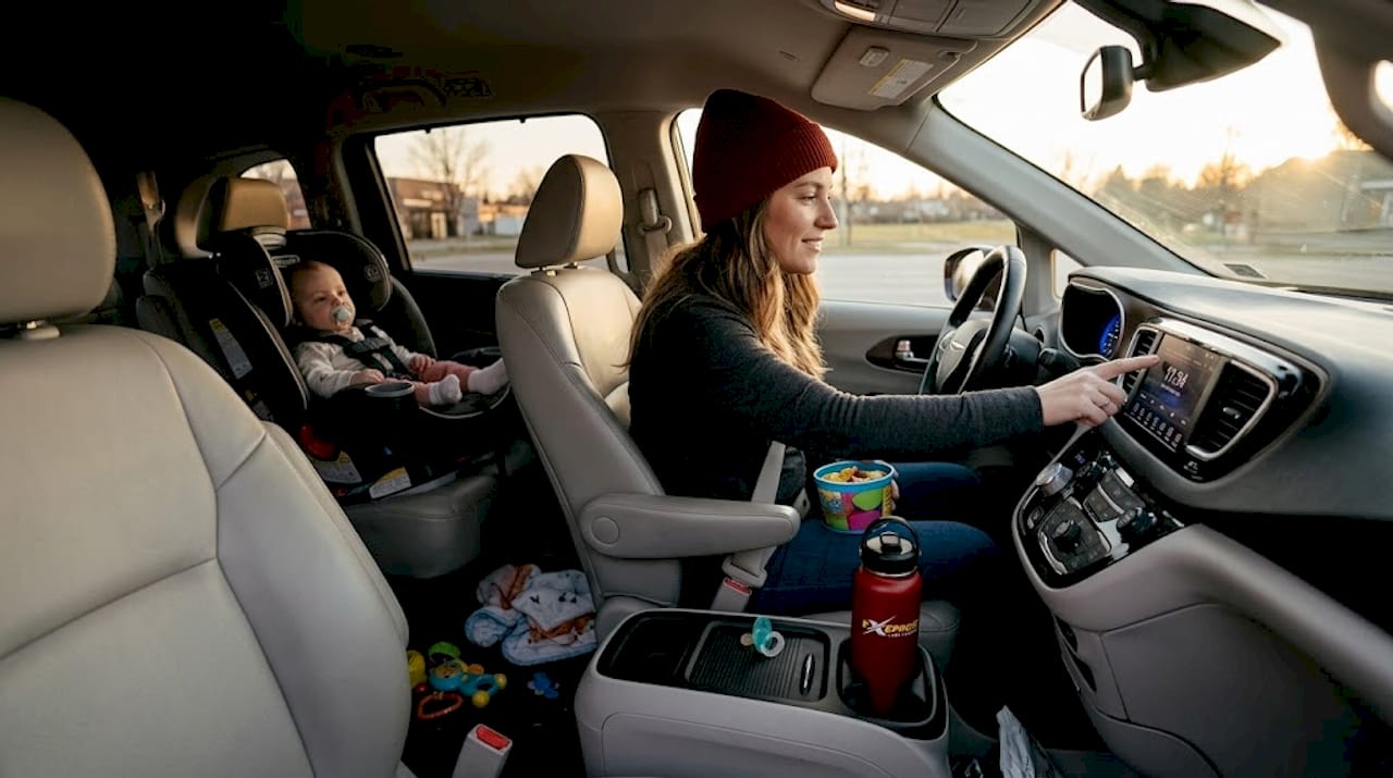 Mother checks car clock with baby in backseat