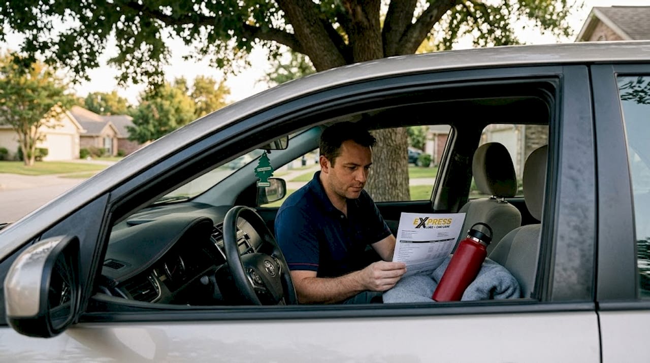 Driver reviews service summary in car