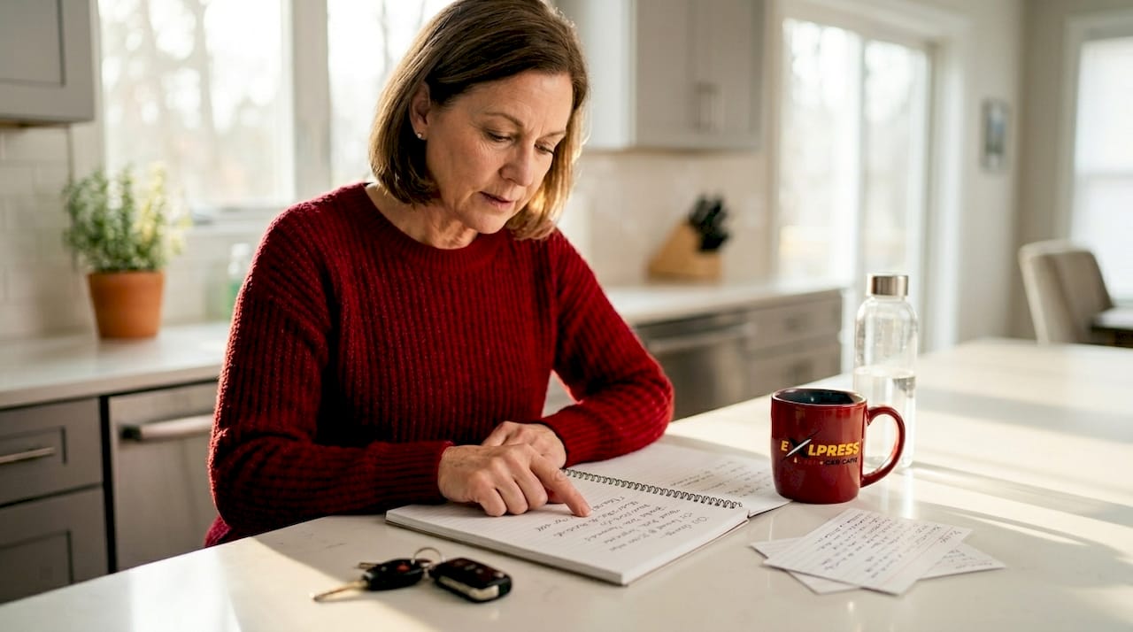 Woman updating car maintenance record at table