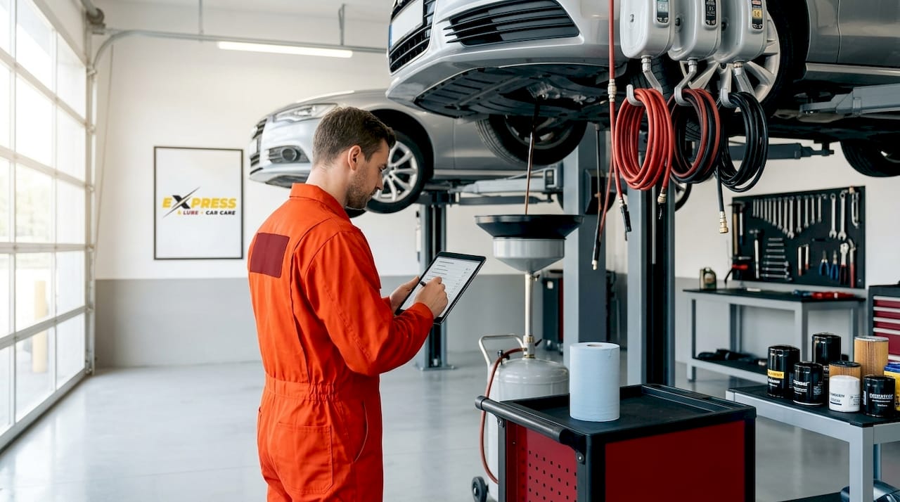 Technician working inside quick lube shop service bay