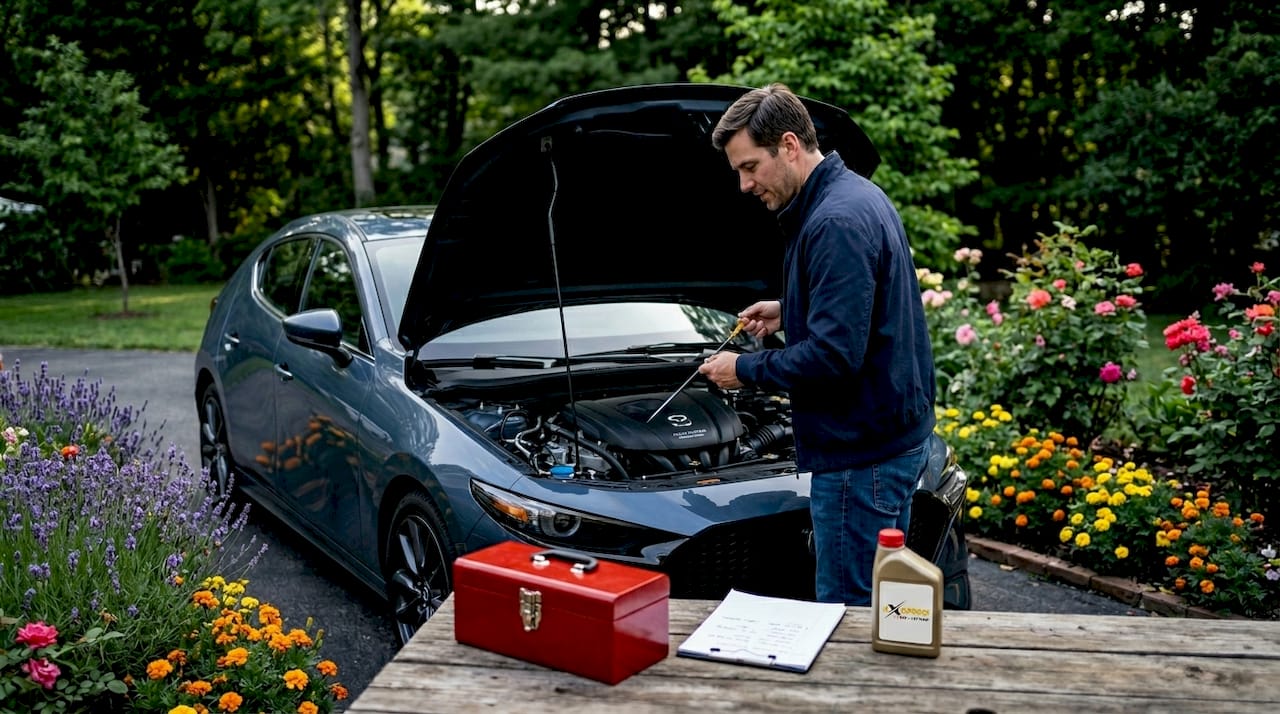 Driver inspecting dipstick by car in driveway