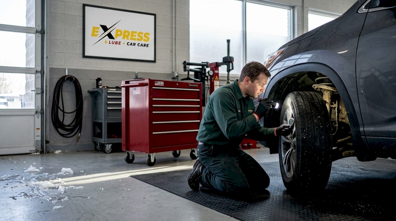 Technician inspects car wheel well for winter grime