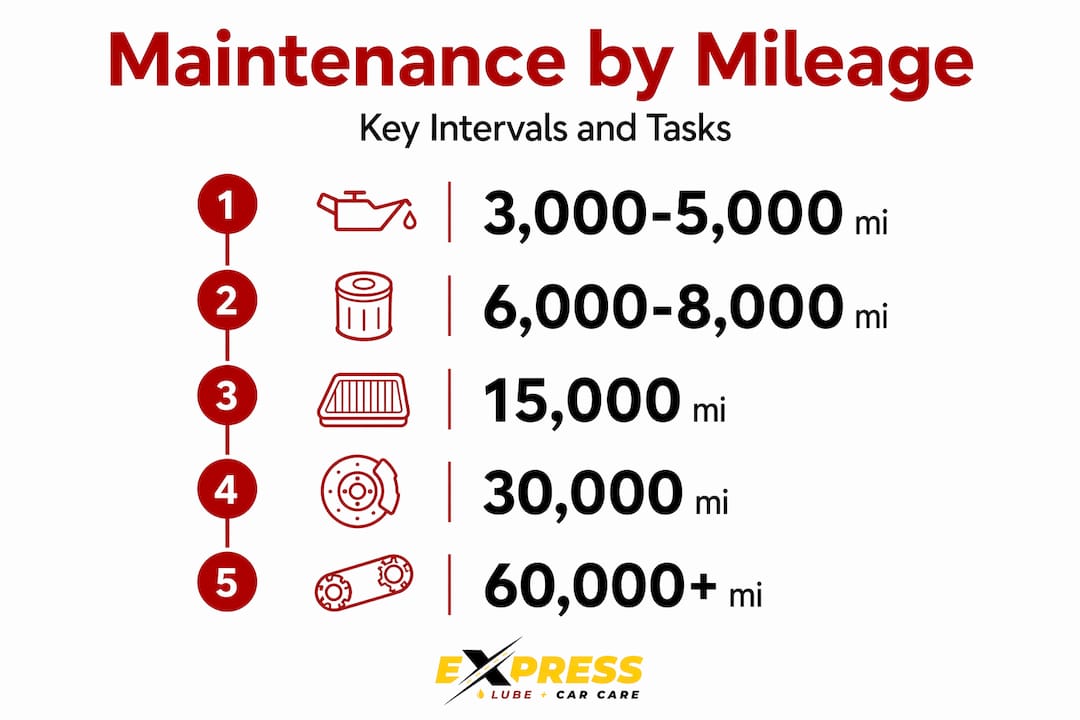 Infographic timeline of car maintenance by mileage
