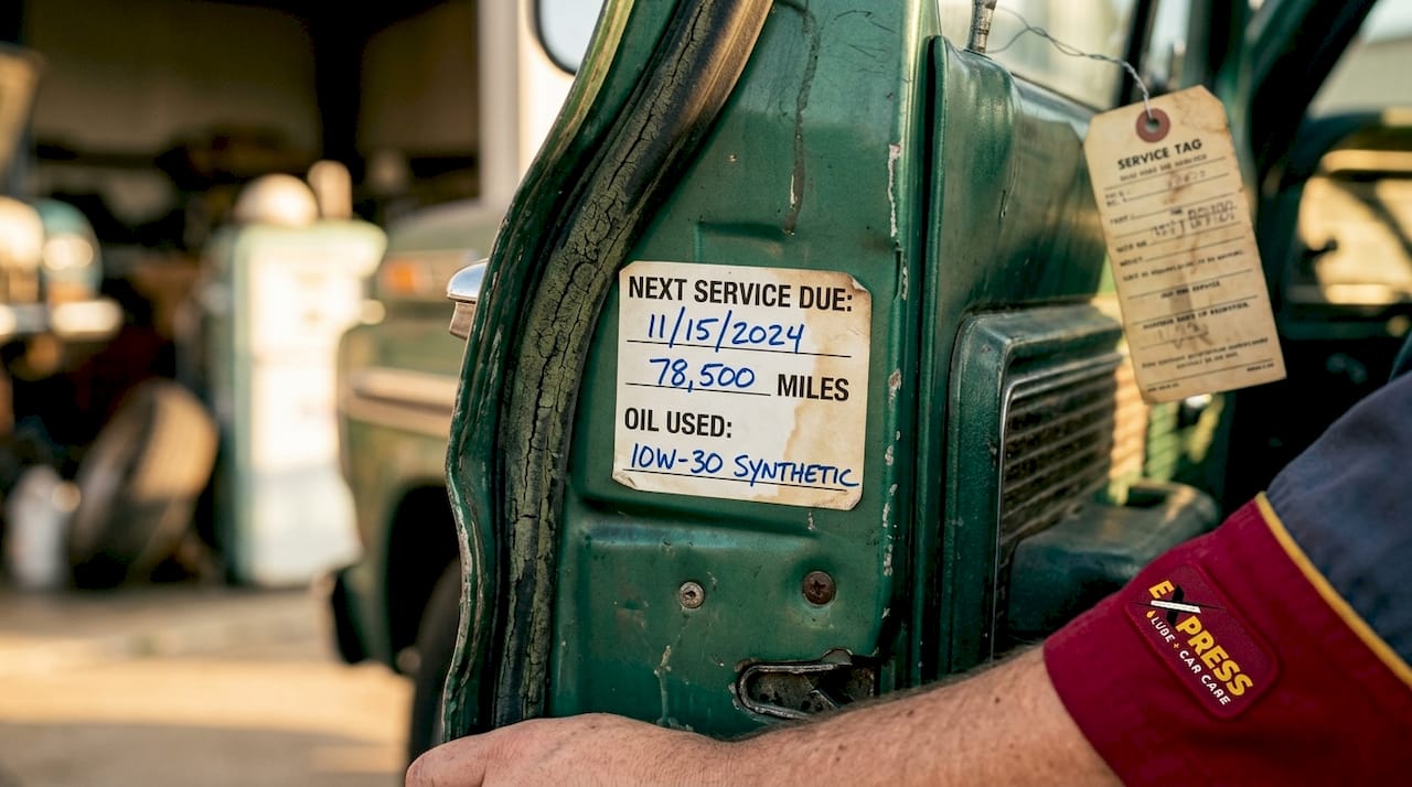 Close-up of oil change sticker on car door jamb