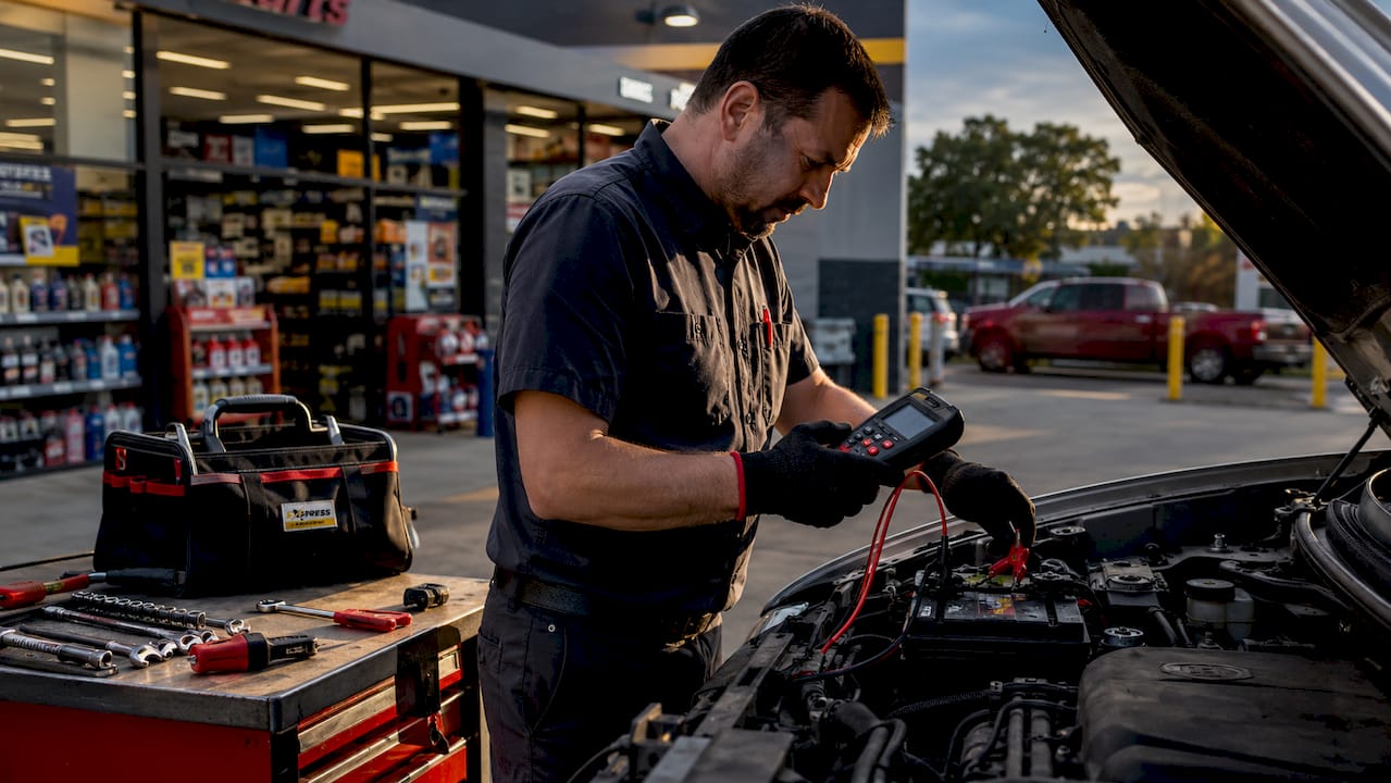 Technician testing car battery at auto parts store