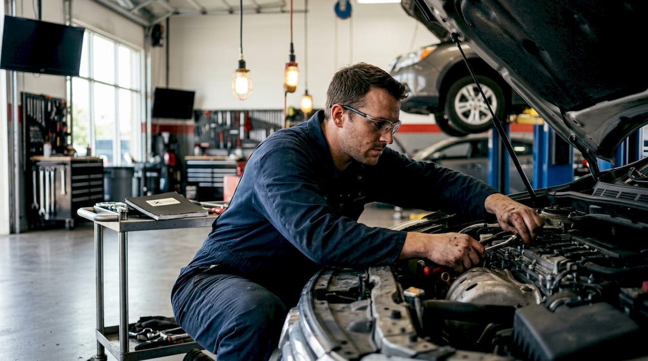 Mechanic working on car engine inside repair shop
