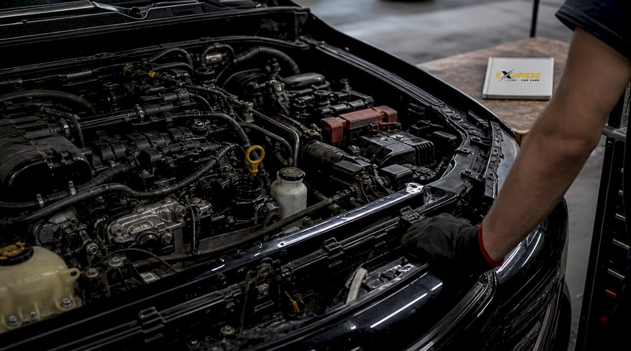 Close-up of SUV engine bay with oil components