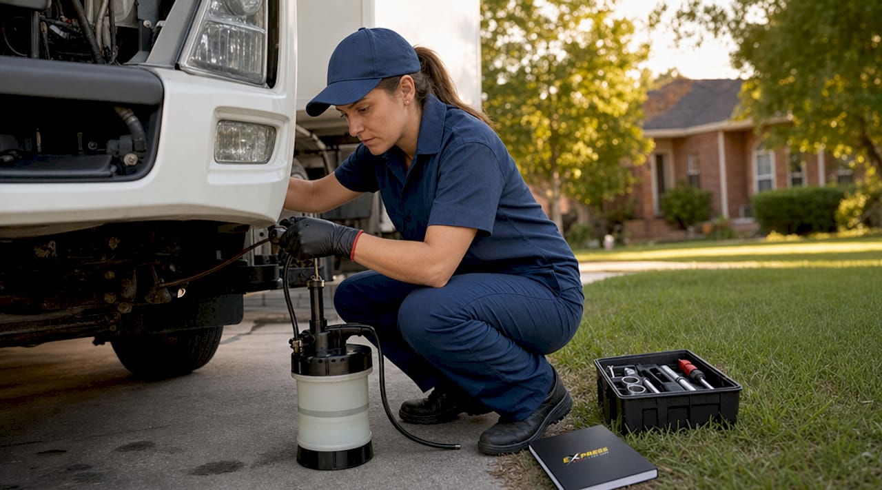 Technician performing mobile oil change on fleet truck