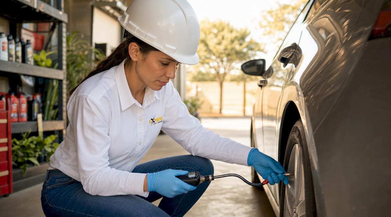 ASE-certified technician inspecting car tire indoors