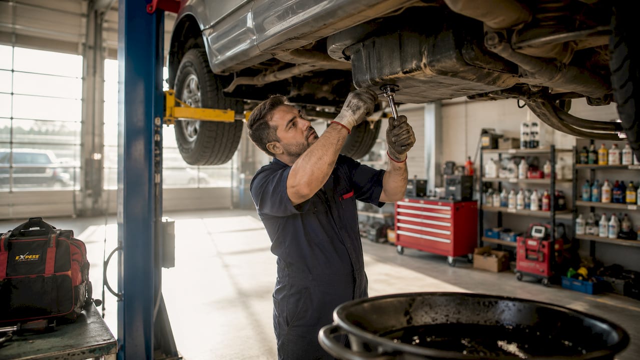 Mechanic draining engine oil from vehicle