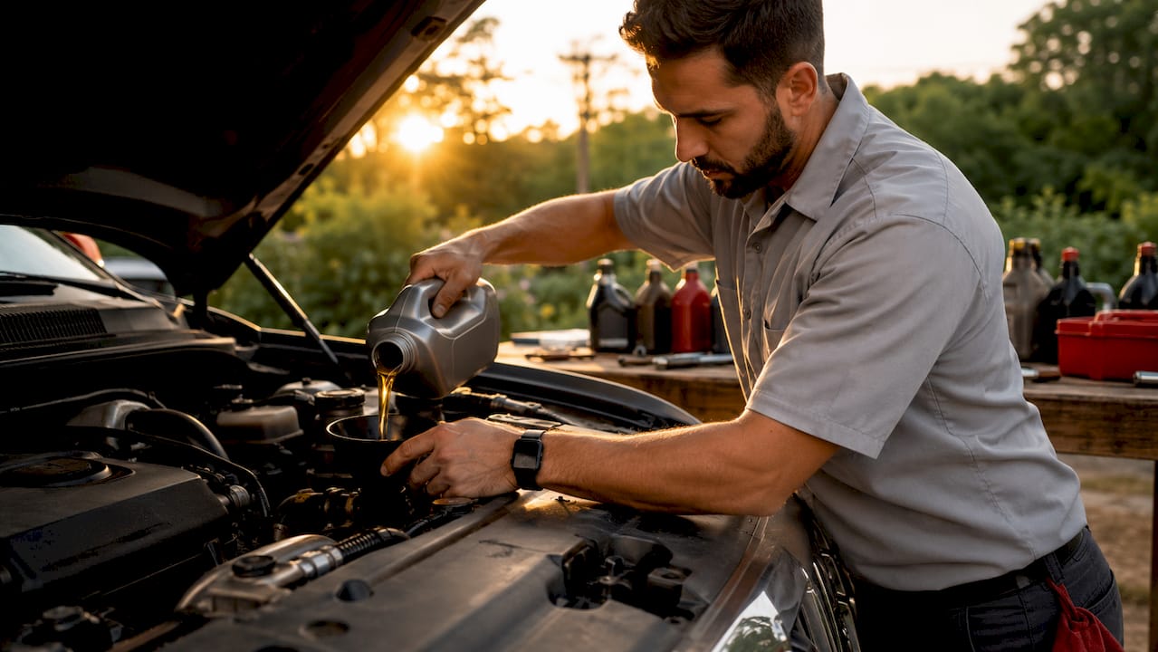 Mechanic pouring oil into large SUV engine