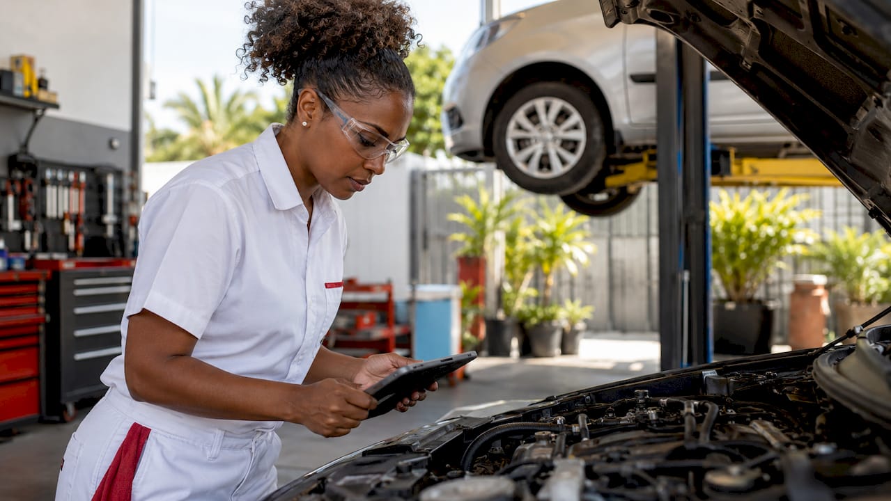 Female technician inspecting car engine with clipboard
