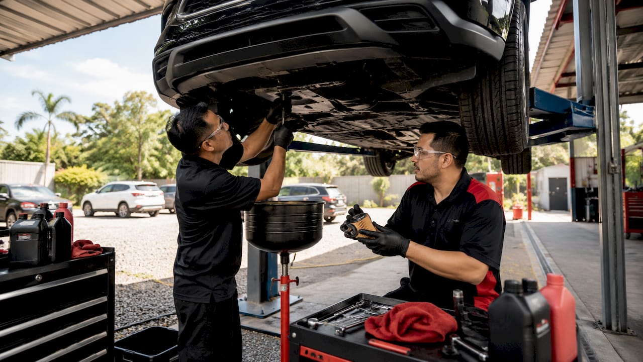 Technicians changing oil quickly in busy garage