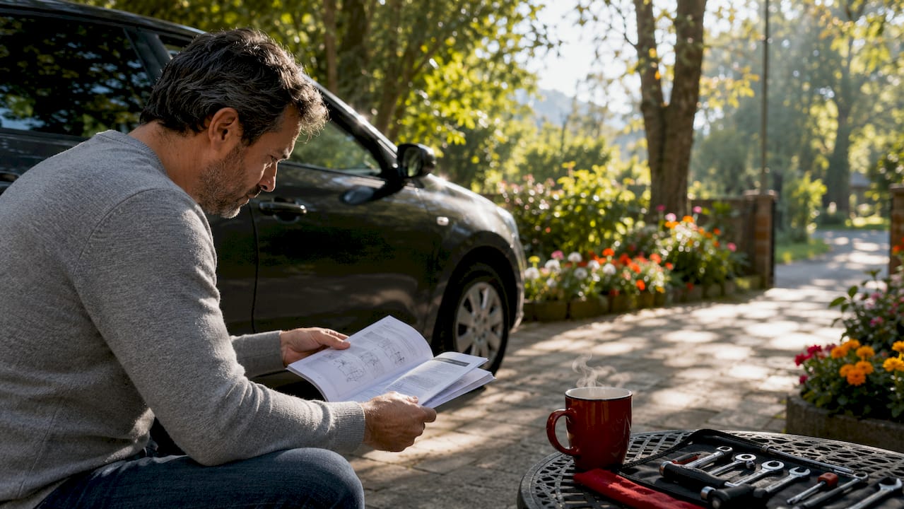 Hands reviewing car owner's manual