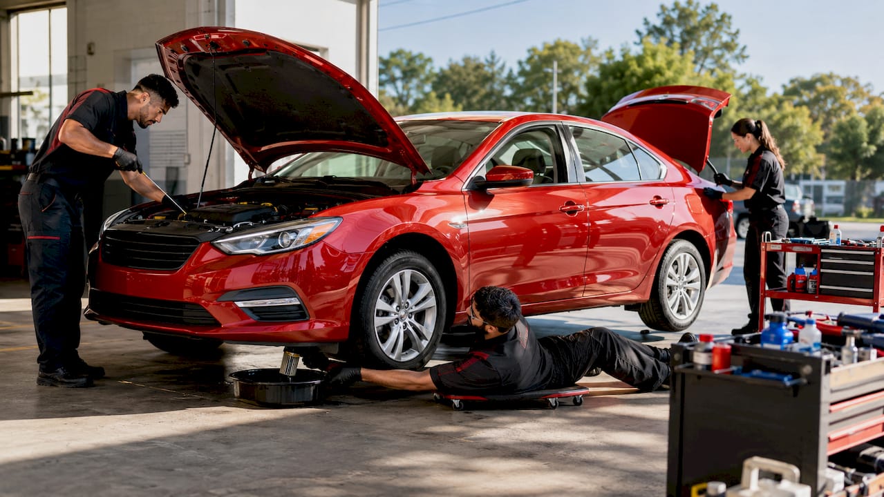 Team of technicians performing quick lube service workflow
