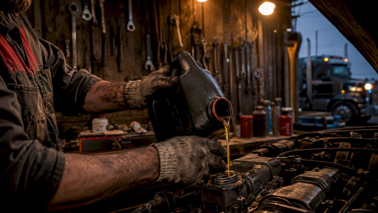 Mechanic pouring fresh oil into truck engine