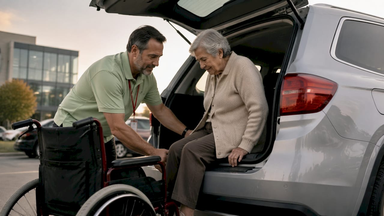 Caregiver helping patient enter medical transport van
