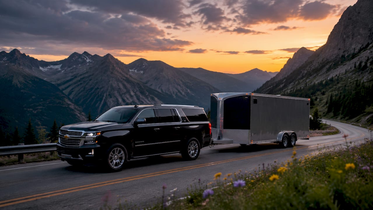 SUV towing trailer on highway at sunset