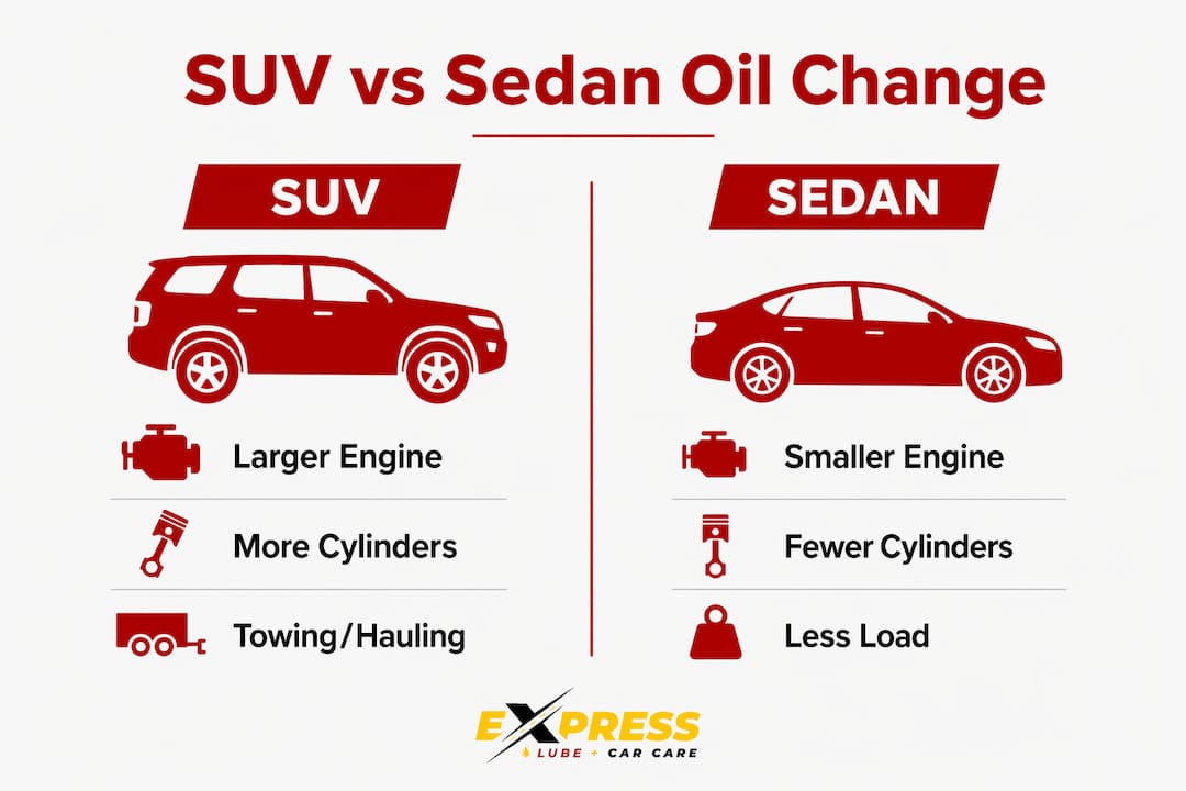Comparative infographic SUV vs sedan oil change factors