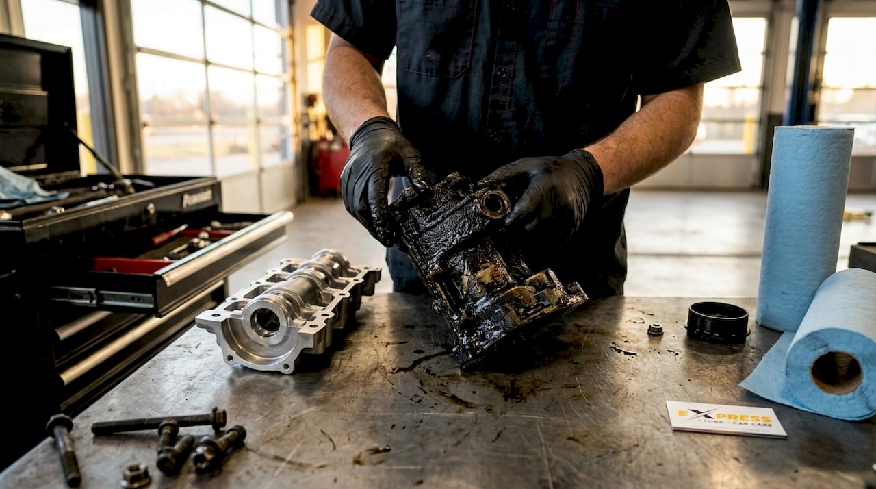 Hands holding engine parts with dirty oil sludge