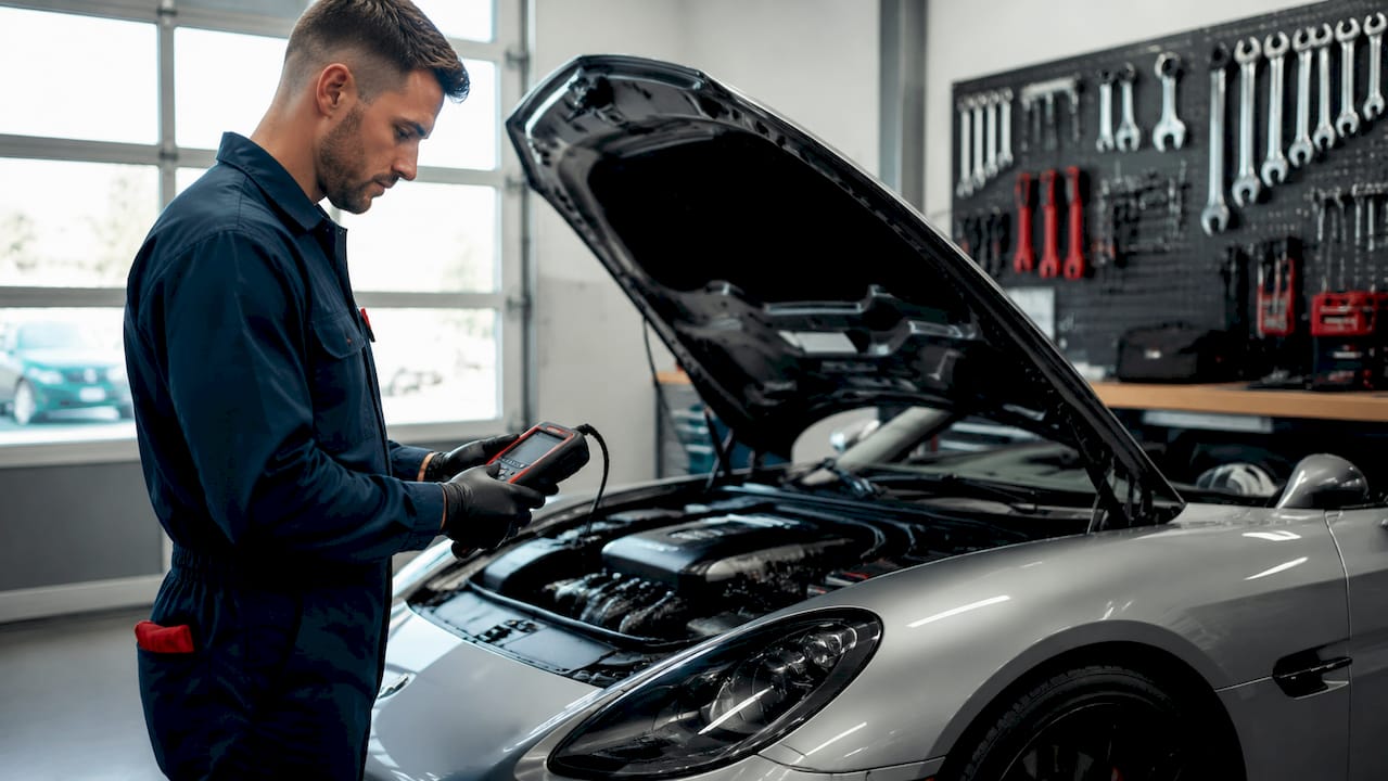 Close-up of hands using car diagnostic tool