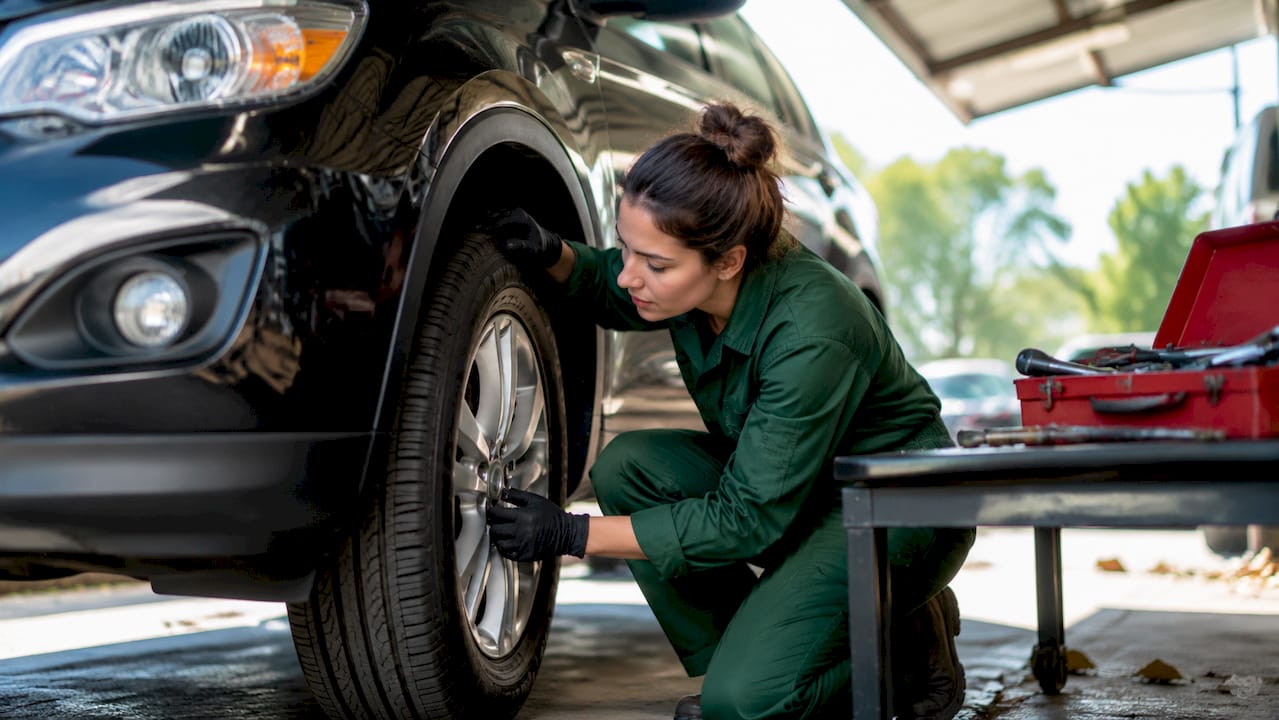 Female mechanic inspecting car tire tread in garage