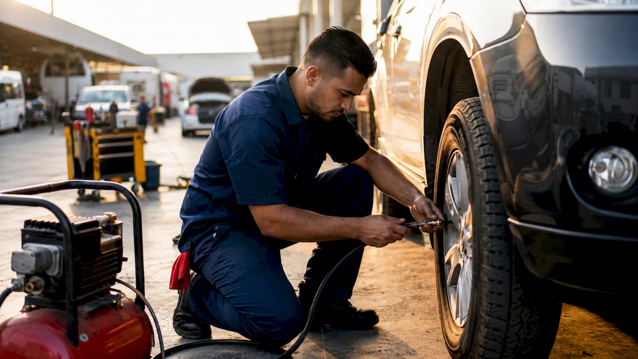 Technician inflating commuter car tire
