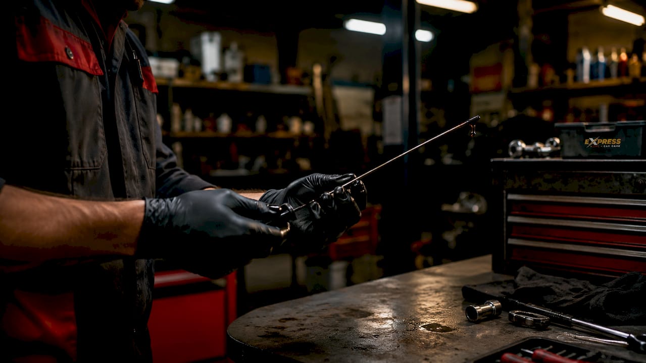 Mechanic checking transmission fluid level